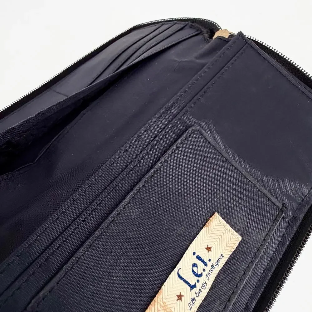 LEI Floral Zip Around Wallet Clutch Black Corduroy Organizer Boho Cottagecore